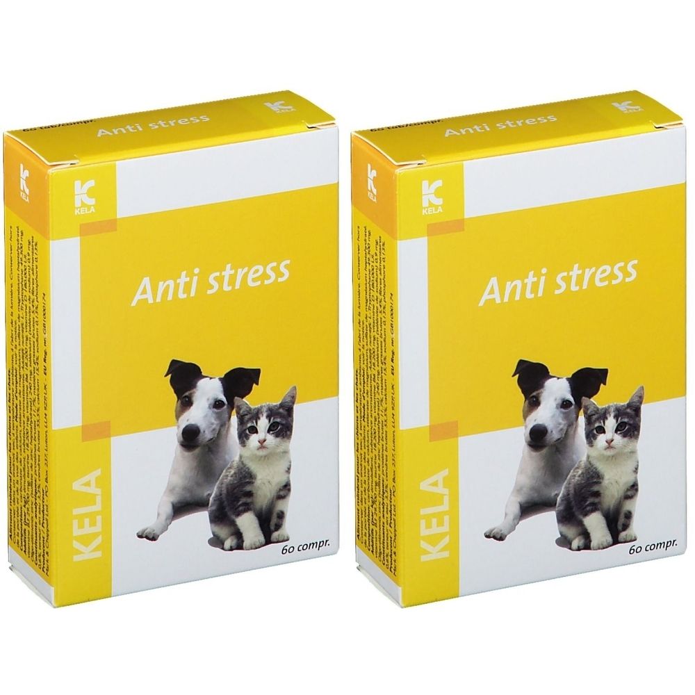 Deux boîtes jaunes avec "Anti stress". Un chien et un chat sont représentés. Marque KELA. Contient 60 comprimés.