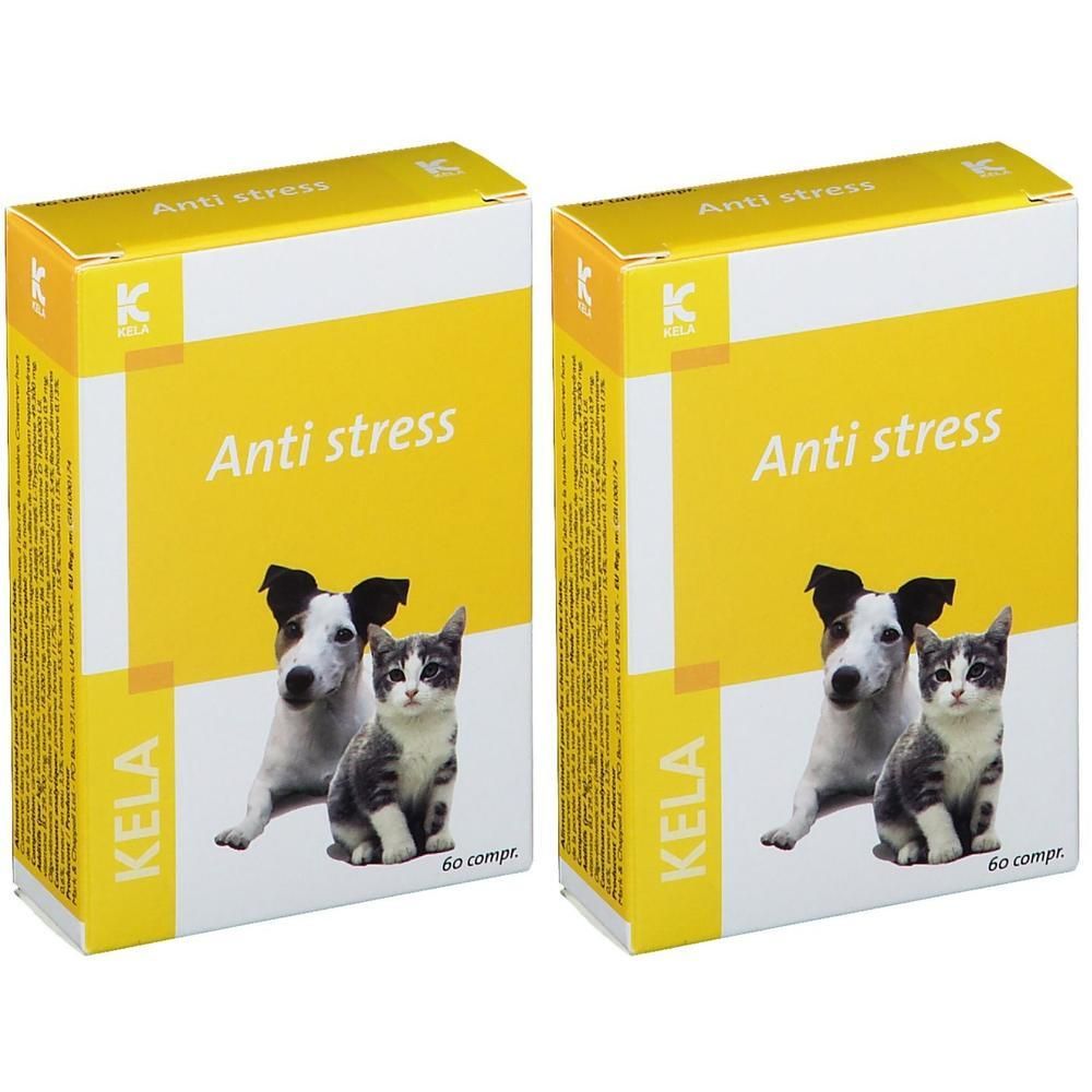 Twee dozen KELA Anti-Stress Comprimés. Gele verpakking met hond en kat. Opschrift: Anti stress, KELA.