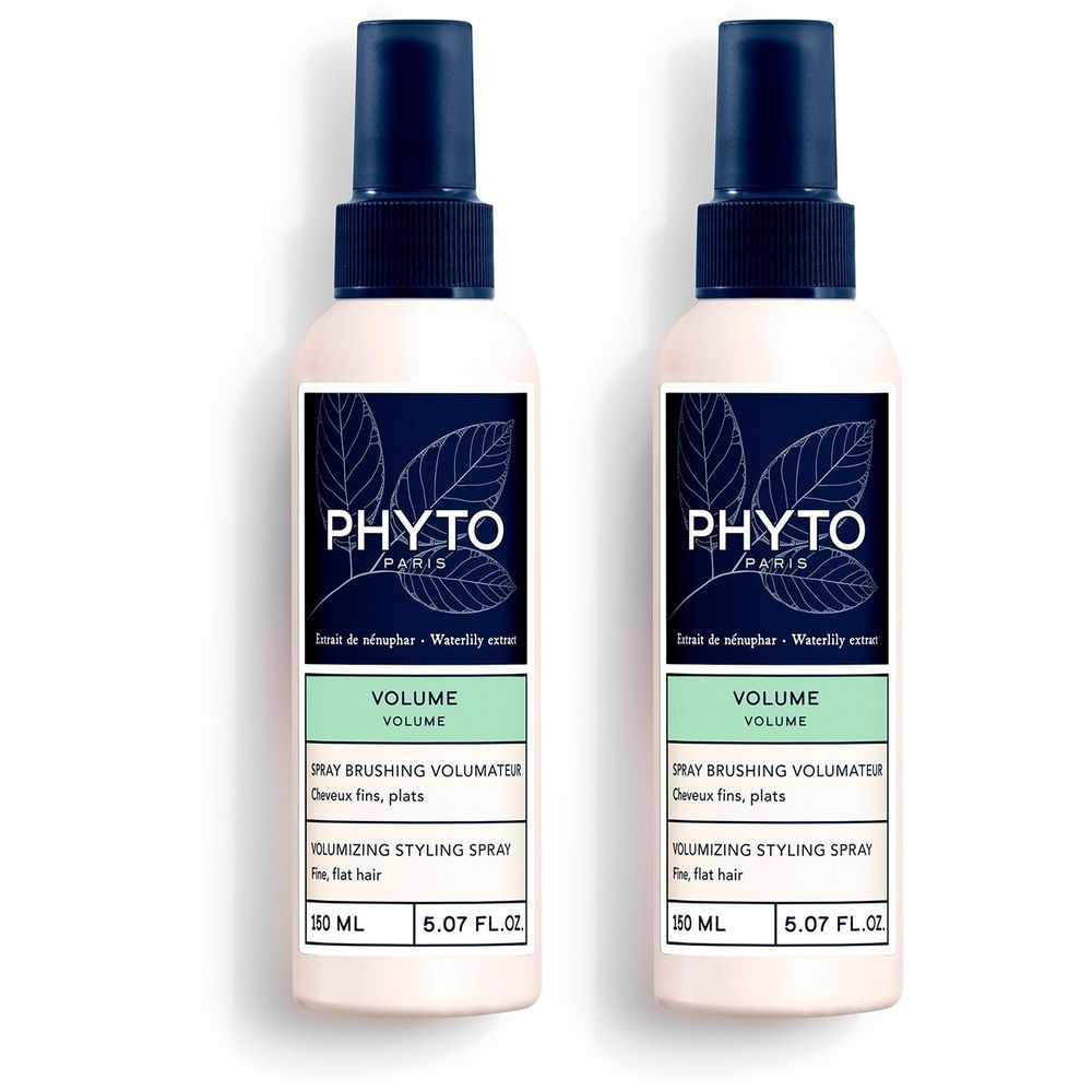 Deux flacons de spray avec bouchon bleu. Inscription : PHYTO PARIS, VOLUME, Spray Brushing Volumateur, 150 ml.