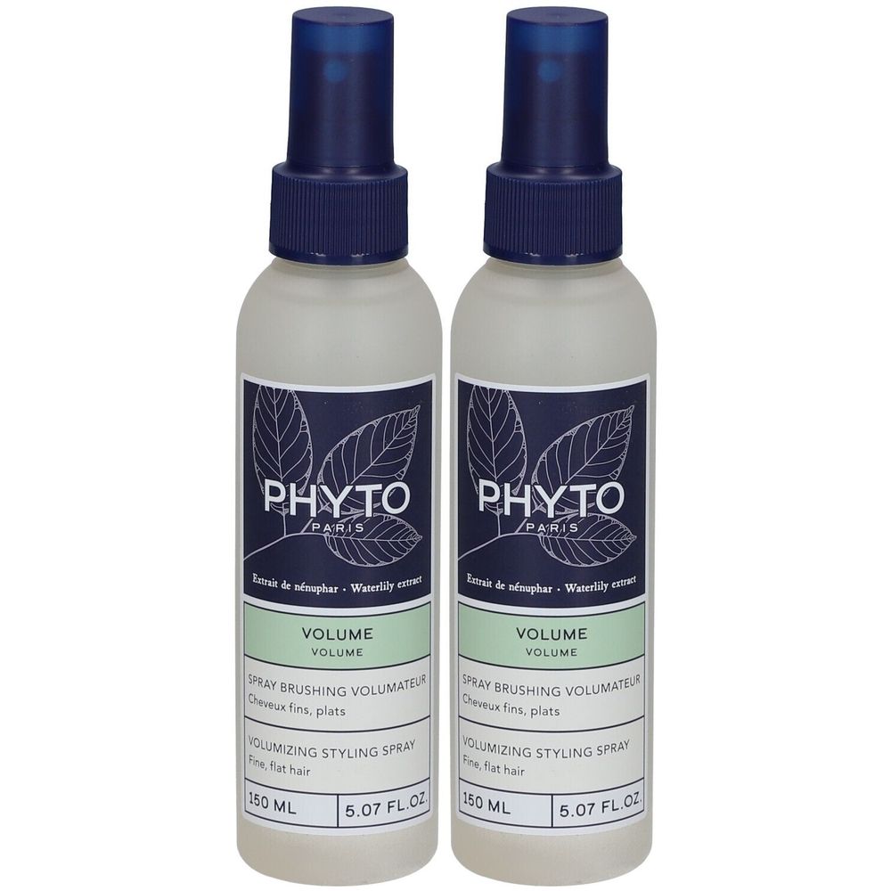 Twee spuitflessen. Opschrift: PHYT, VOLUME, Spray brushing volumateur, 150 ml, 5.07 fl.oz.