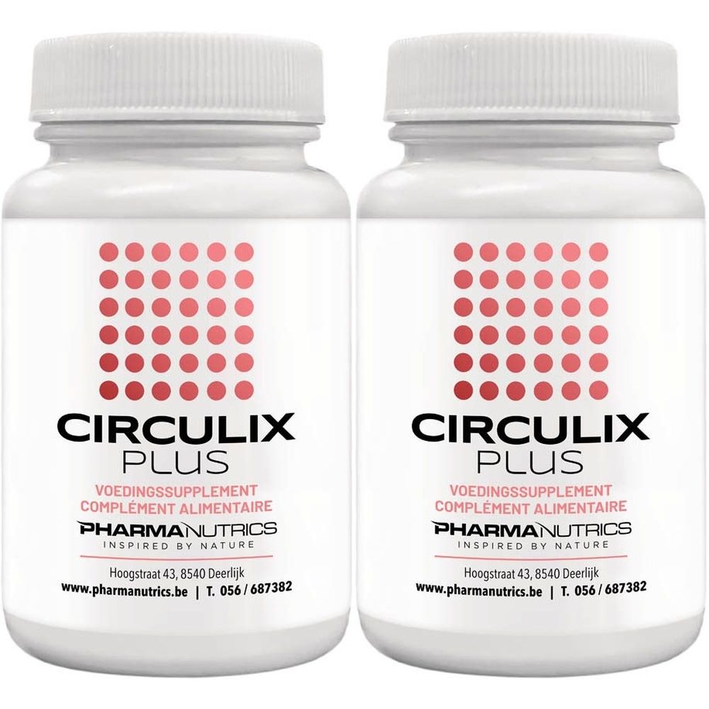 Deux flacons blancs avec motif de points rouges. Inscription : CIRCULIX PLUS, VOEDINGSSUPPLEMENT, COMPLÉMENT ALIMENTAIRE, PHARMANUTRICS.