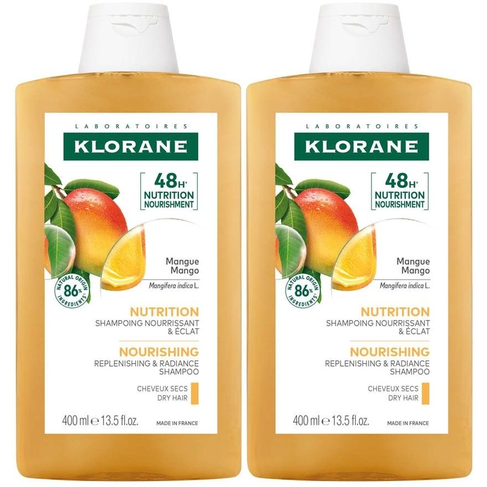 Deux flacons de shampooing Klorane. Inscription : Mangue Mango, 48H Nutrition Nourishment, 86% ingrédients naturels. Pour cheveux secs.
