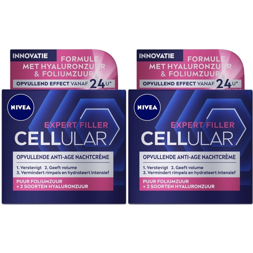 NIVEA Cellular Expert Filler Nachtcrème. Roze en blauwe verpakking. Tekst: Formule met hyaluronzuur & foliumzuur.