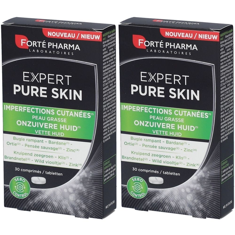 Deux boîtes de Forté Pharma Expert Pure Skin. Emballage noir avec texte blanc. Contient 30 comprimés. Logo et nom du produit visibles.