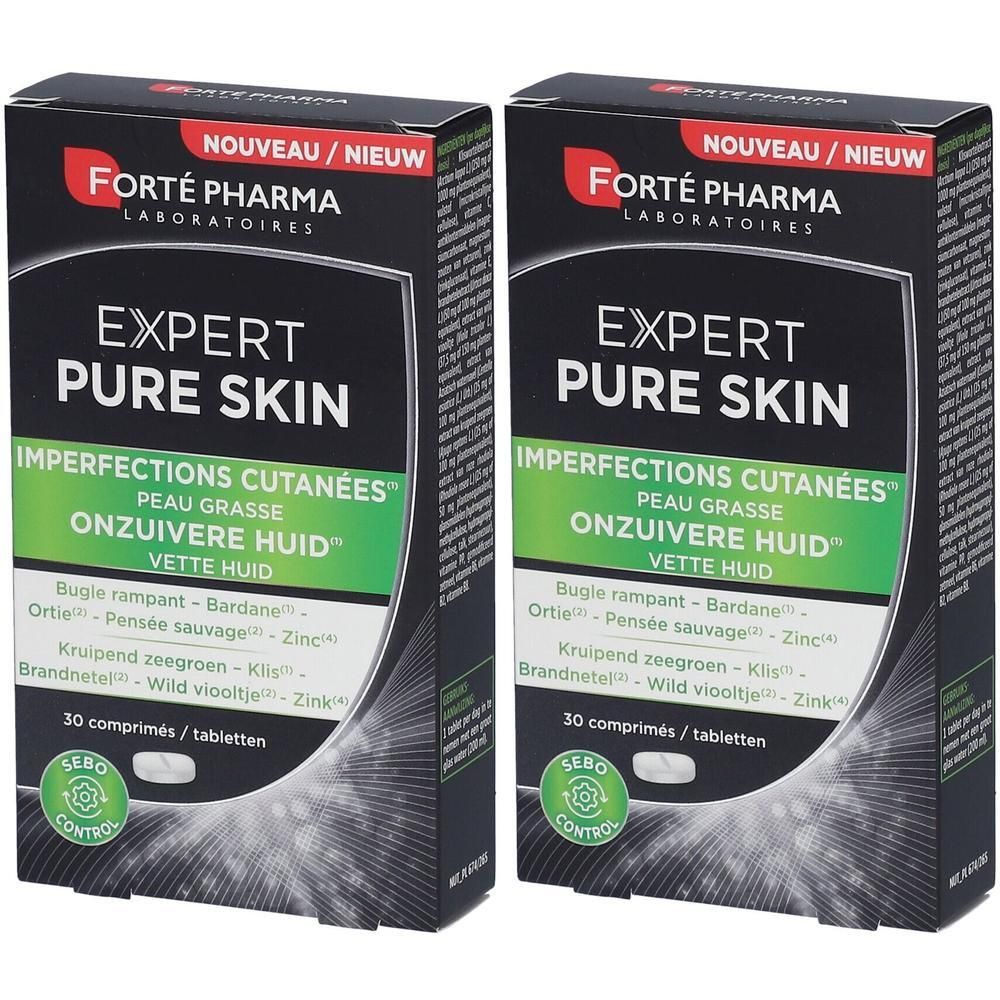 Deux boîtes de Forté Pharma Expert Pure Skin. Emballage noir avec texte blanc. Contient 30 comprimés. Logo et nom du produit visibles.