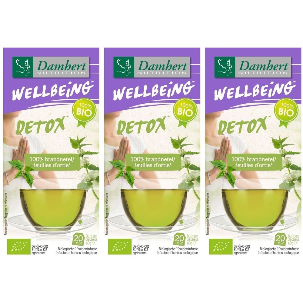 Drie verpakkingen Damhert Tea Time Feuilles D'ortie. Op elke verpakking staat "Detox" en "100% Bio". Een glas thee met brandnetelbladeren.