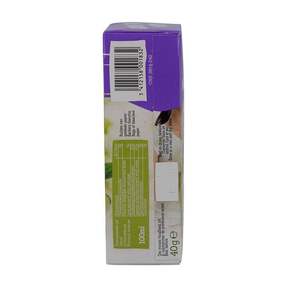 Vue latérale de l'emballage du thé Damhert Wellbeing Detox. Contient des informations sur les ingrédients, le poids et le volume.