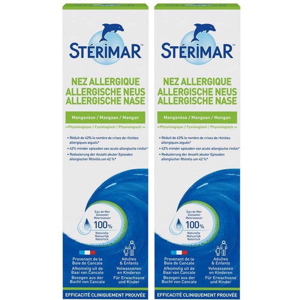 Deux boîtes de Sterimar Nez Allergique. Emballage blanc avec logo bleu et texte. Textes en français, allemand et néerlandais.