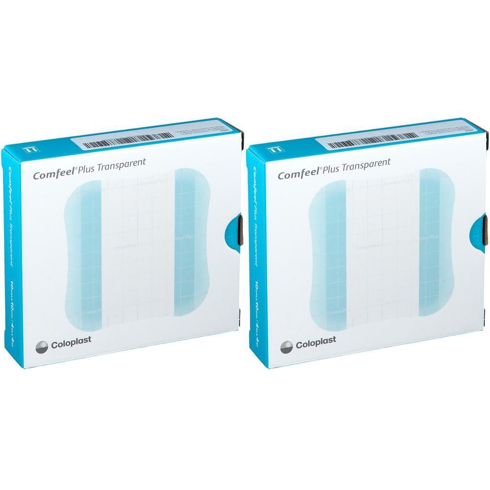 Twee dozen transparante hydrocolloïde pleisters. Opschrift: Comfeel Plus Transparent. Merk: Coloplast.