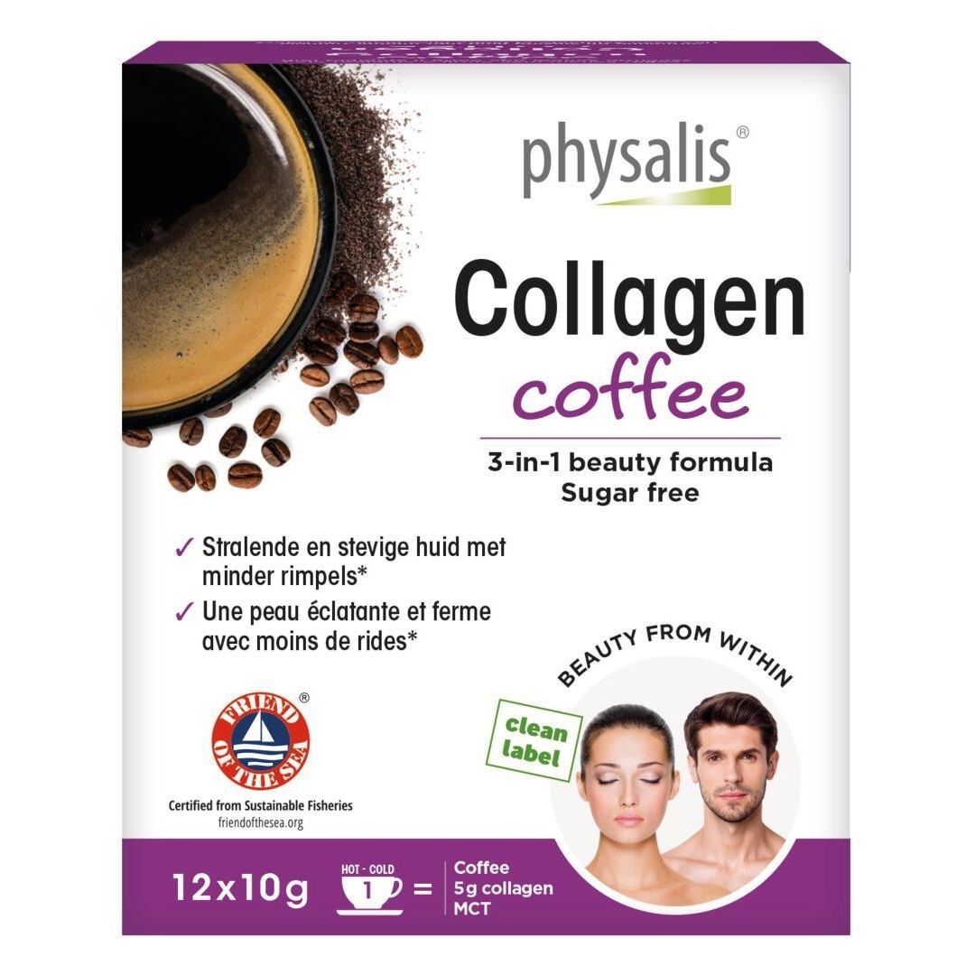 Verpakking van Physalis Collagen Coffee. Bevat 12 zakjes van 10g. Logo, productnaam en informatie over de samenstelling.