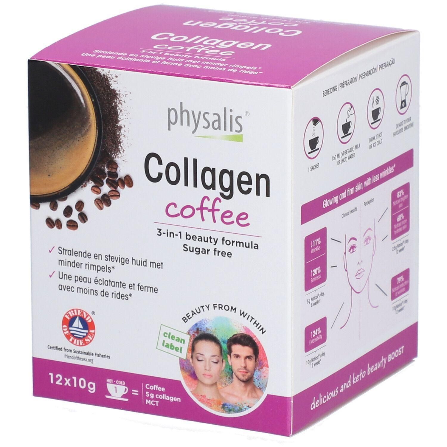 Boîte en carton Physalis Collagen Coffee. Inscription 3-en-1. Illustrations et texte. Label Friend of the Sea et Clean Label.