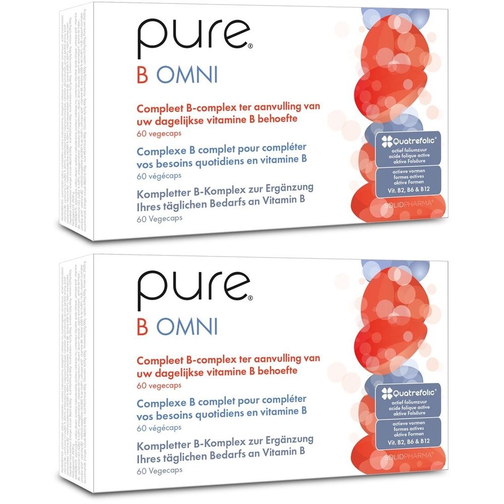 Deux boîtes blanches avec "pure B OMNI". Texte en néerlandais, français et allemand. Chaque boîte présente un logo.