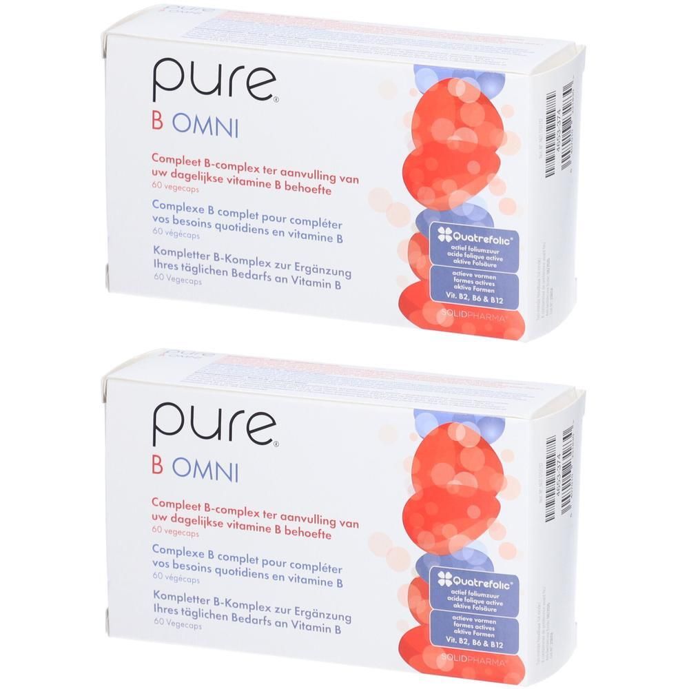 Twee verpakkingen Pure B Omni. Witte dozen met rode en blauwe afbeeldingen. Tekst: Compleet B-complex.