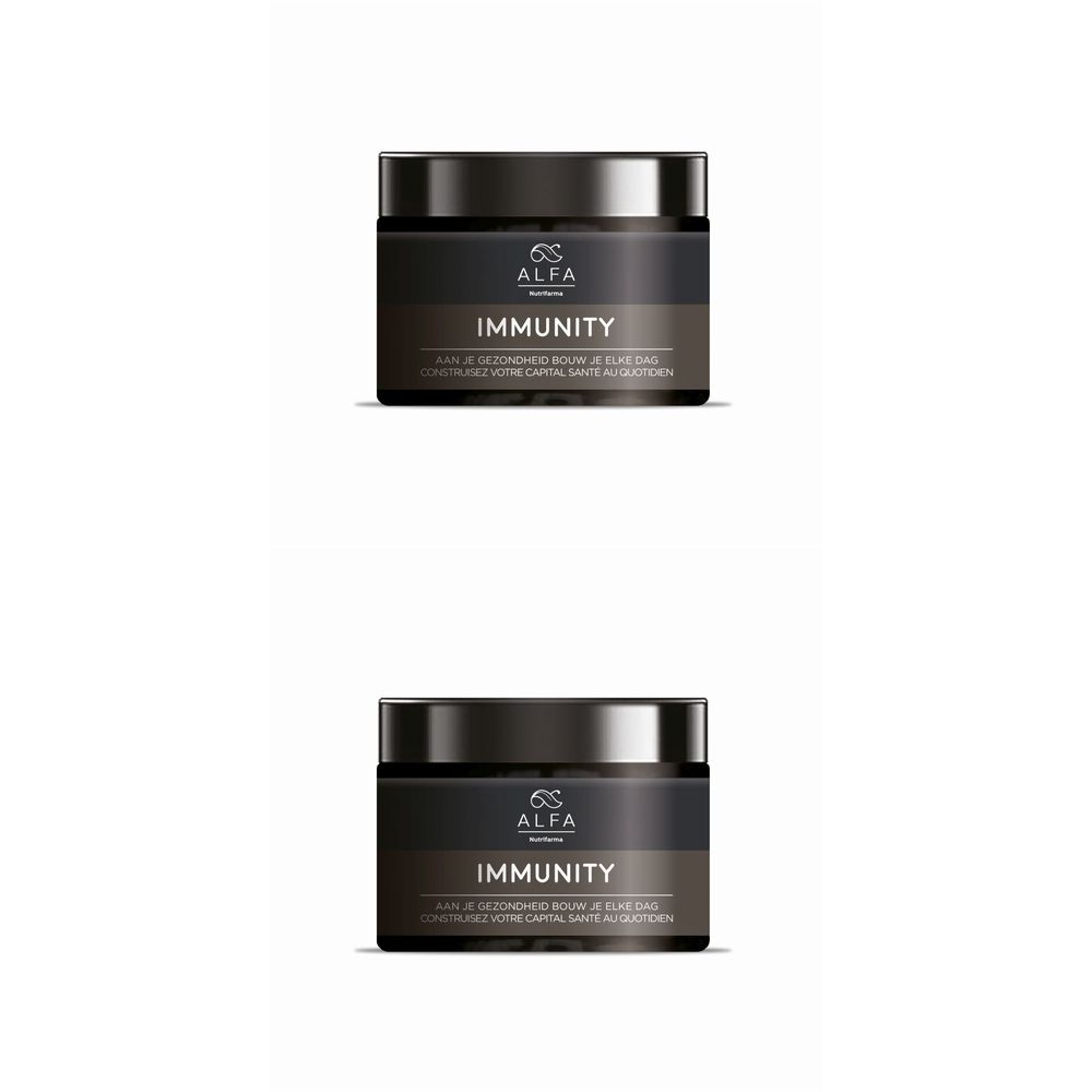 Pot brun foncé avec couvercle noir. Inscription : ALFA, IMMUNITY. Texte en dessous : Aan je gezondheid bouwen.