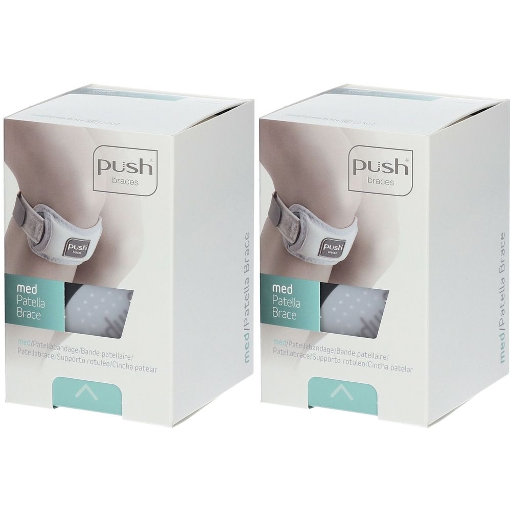 Twee rechthoekige dozen. Opdruk: kniebrace, merk Push. Illustratie van een knie met brace. Tekst: med Patella Brace.