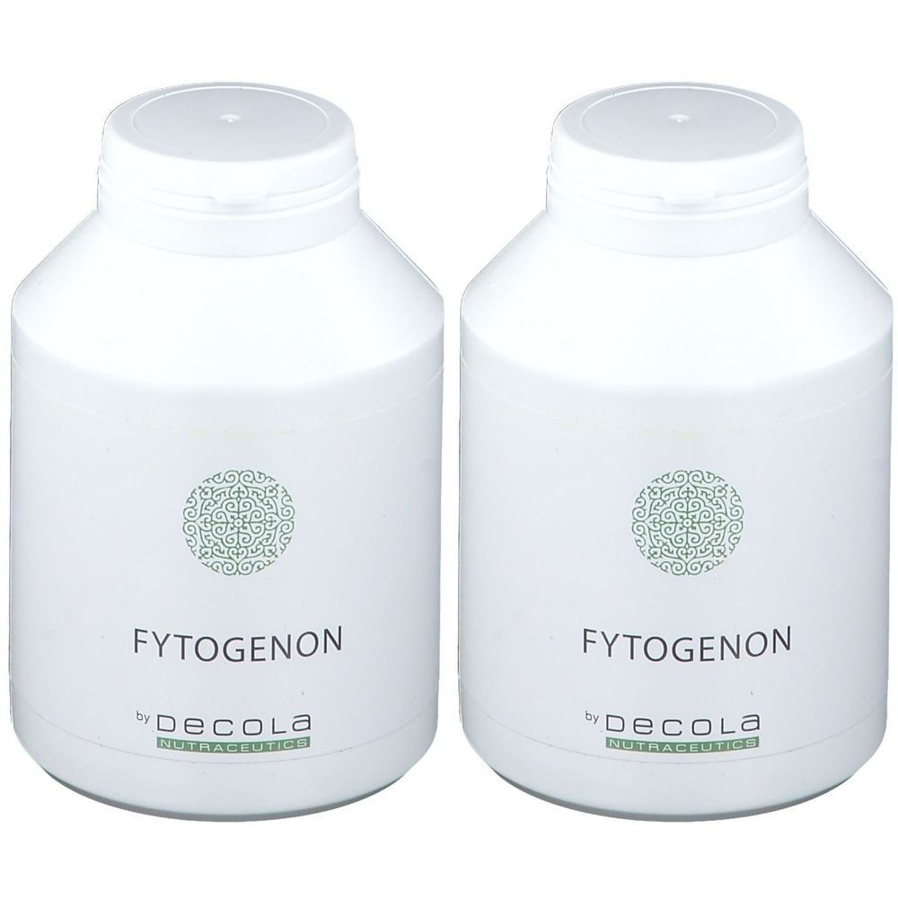 Twee witte flessen met doppen. Opschrift: Fytogenon, by Decola. Groen, rond patroon.