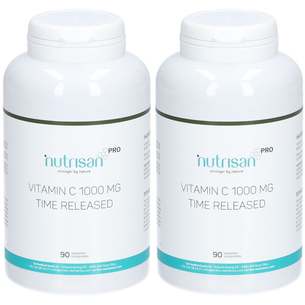 Twee witte flessen Nutrisan Pro Vitamine C 1000 mg Time Released. Elke fles bevat 90 tabletten.