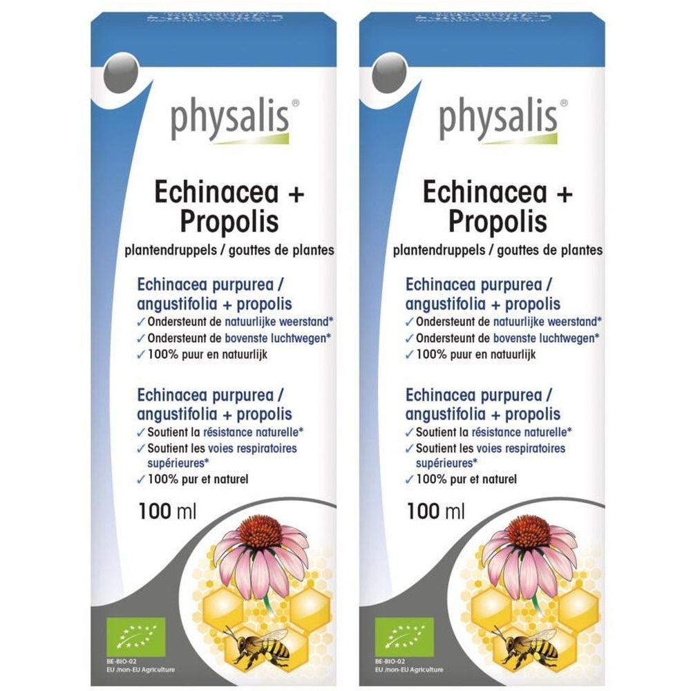Twee flacons Physalis Echinacea + Propolis. Opschrift: Echinacea + Propolis, 100 ml, bio-label. Illustratie van bloem en bij.