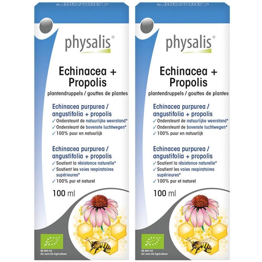 Twee verpakkingen "Physalis" Echinacea + Propolis. Witte flessen met productinfo en illustraties.