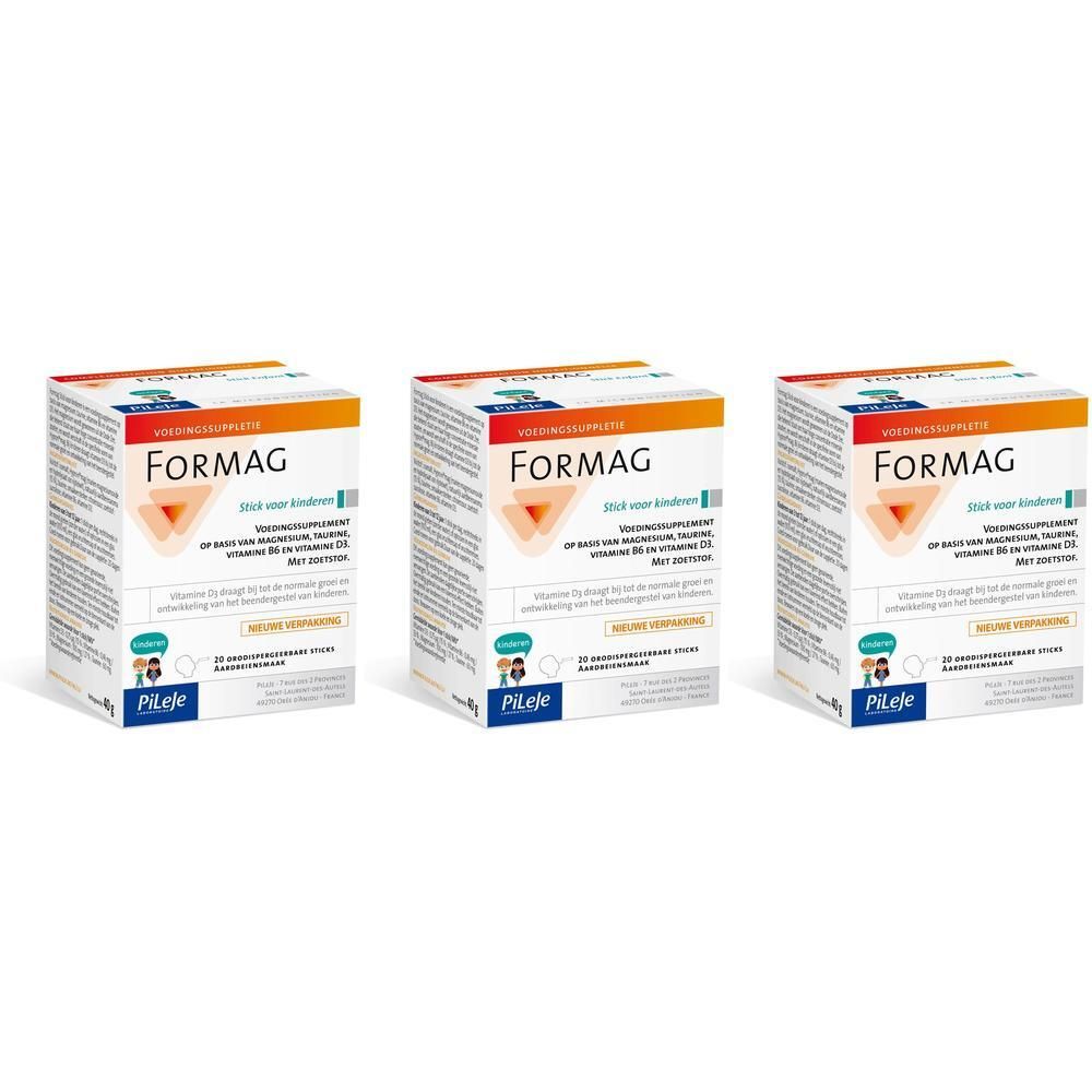 Drie dozen FORMAG voor kinderen. Oranje-wit ontwerp met tekst. Merk PiLeje linksonder.