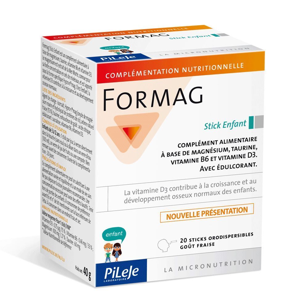 FORMAG Stick Enfant doos. Wit-oranje ontwerp met tekst. Bevat 20 sticks. Merk PiLeje.