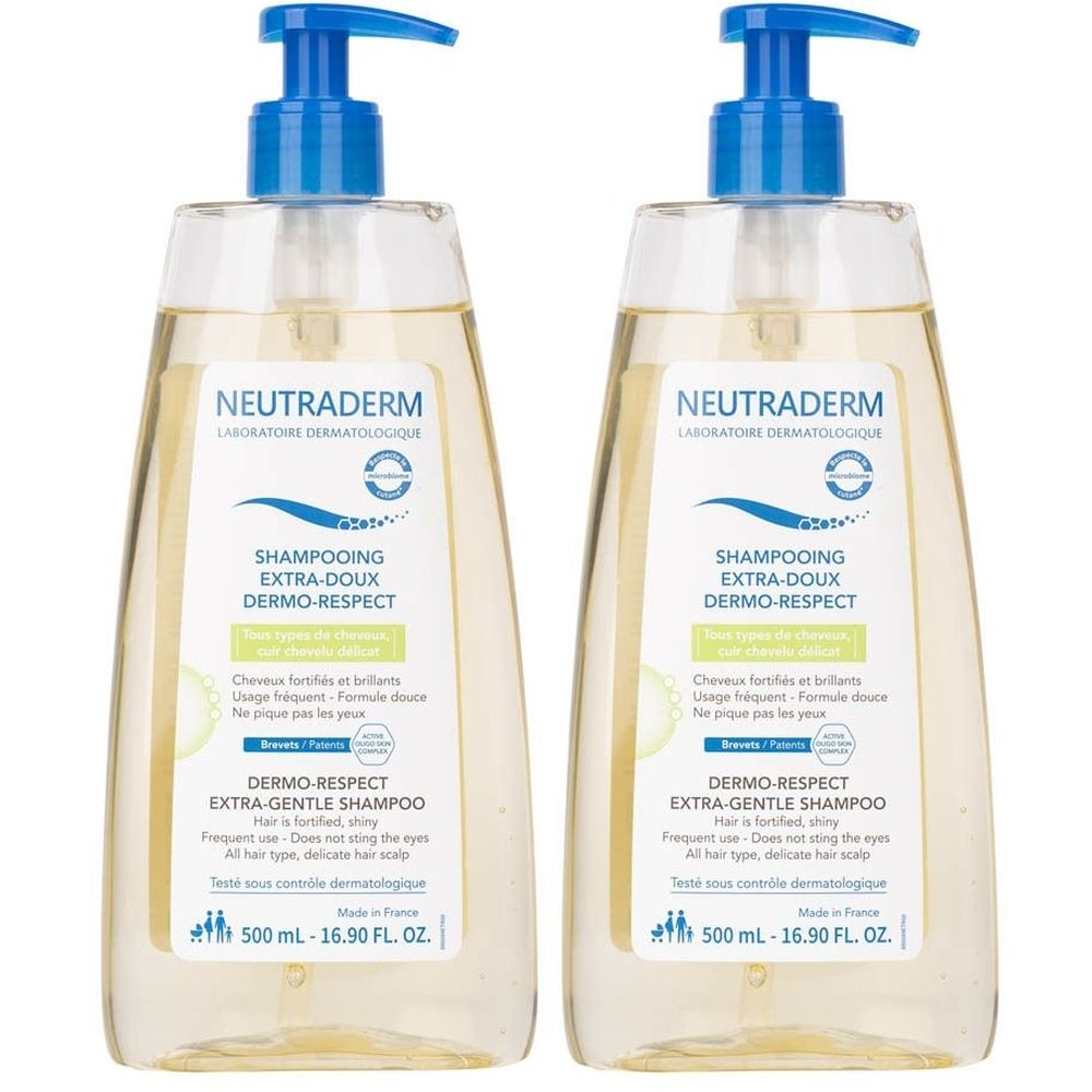 Deux flacons transparents avec pompe bleue. L'étiquette indique "Neutraderm Shampooing Extra-doux Dermo-respect".
