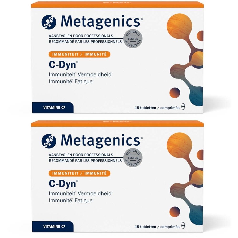 Deux boîtes de C-Dyn. Inscription : Metagenics, Immunité, 45 comprimés. Contient de la vitamine C.