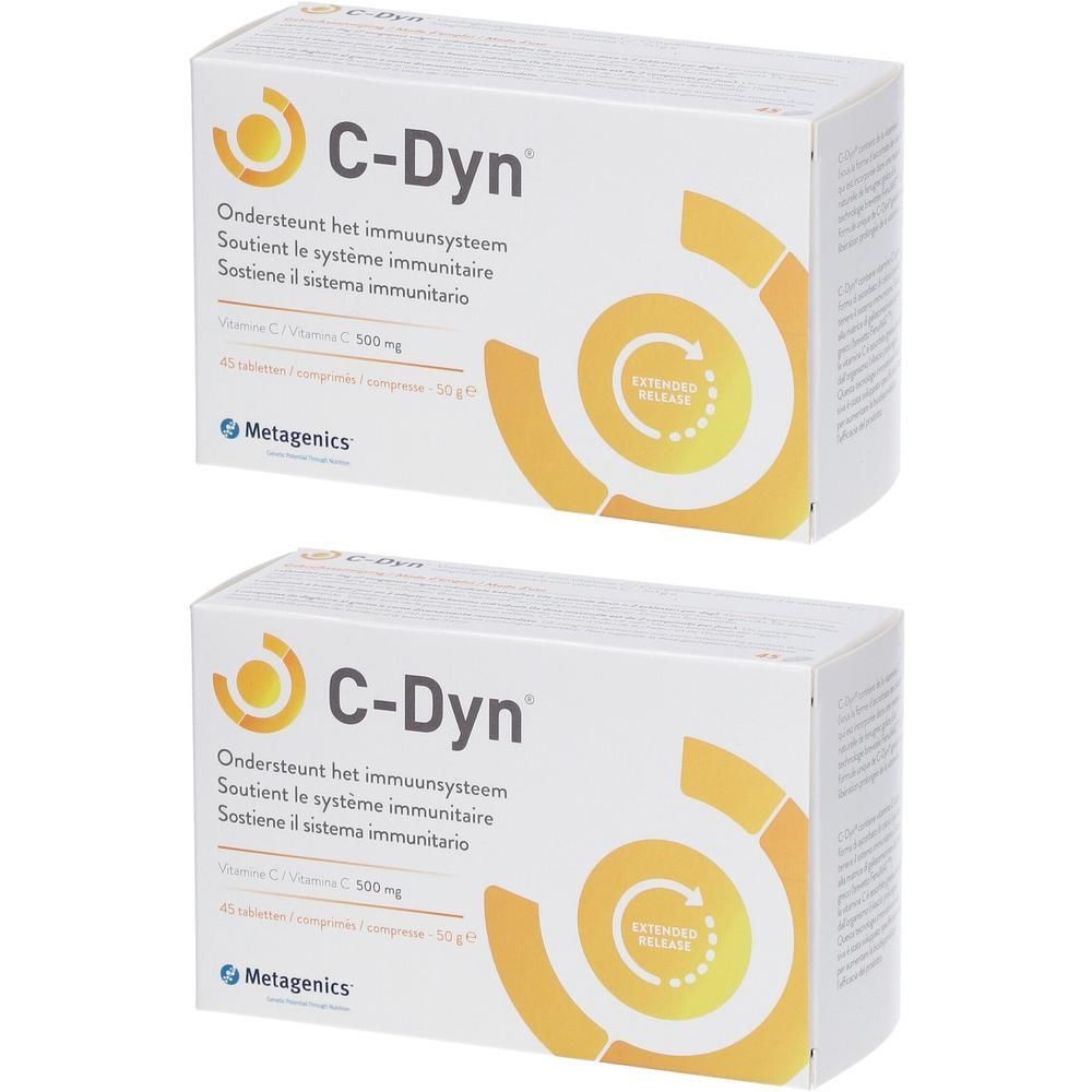 Twee dozen C-Dyn. Opschrift: Ondersteunt het immuunsysteem. Bevat vitamine C. Merk: Metagenics. Geel-witte verpakking.