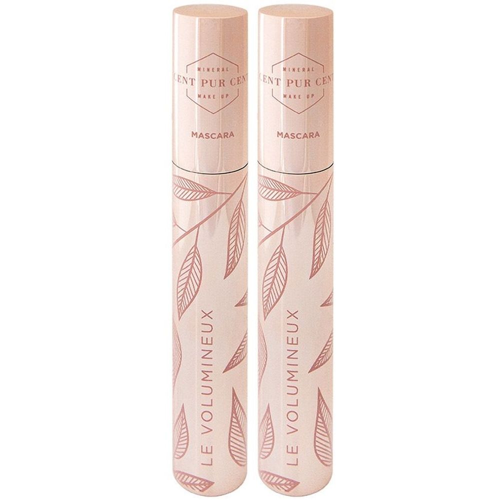 Twee roze mascara tubes. Bladpatroon. Opschriften: Cent Pur Cent, Mascara, Le Volumineux.