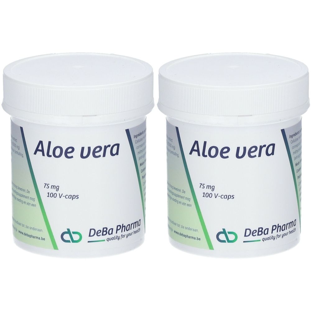 Twee witte potten met deksels. Opschrift 'Aloe vera', '75 mg', '100 V-caps' en logo van DeBa Pharma.
