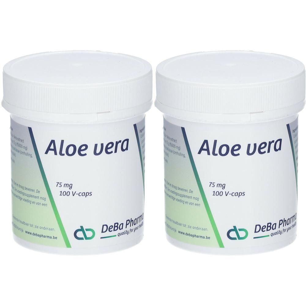 Twee witte potten met deksels. Opschrift 'Aloe vera', '75 mg', '100 V-caps' en logo.