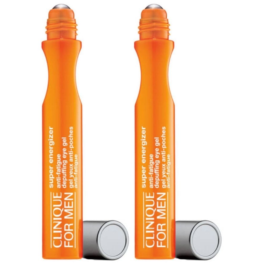Deux flacons orange avec bouchons argentés. Chaque flacon porte l'inscription "Clinique For Men Super Energizer" et "Anti-Fatigue".