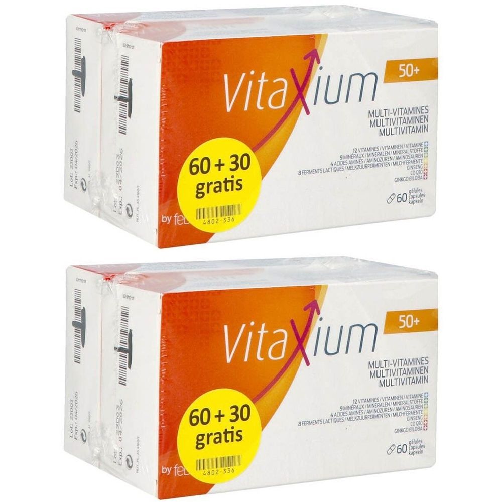 Deux boîtes de Vitaxium 50+ Multivitamines. Emballage blanc avec accent orange et informations produit. Autocollant "60+30 gratuits".