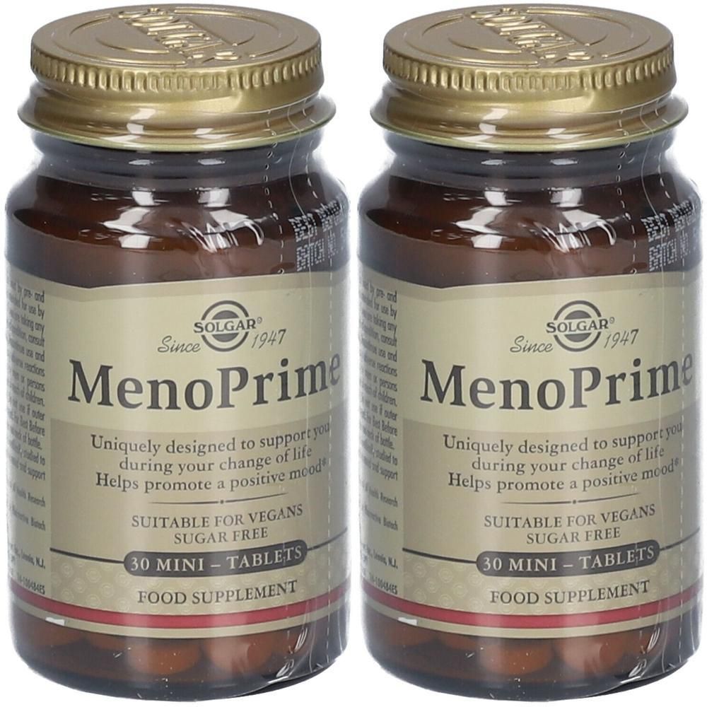 Twee flessen Solgar MenoPrime. Bruine glazen flessen met gouden doppen en etiketten. Opschrift: MenoPrime, 30 mini-tabletten.