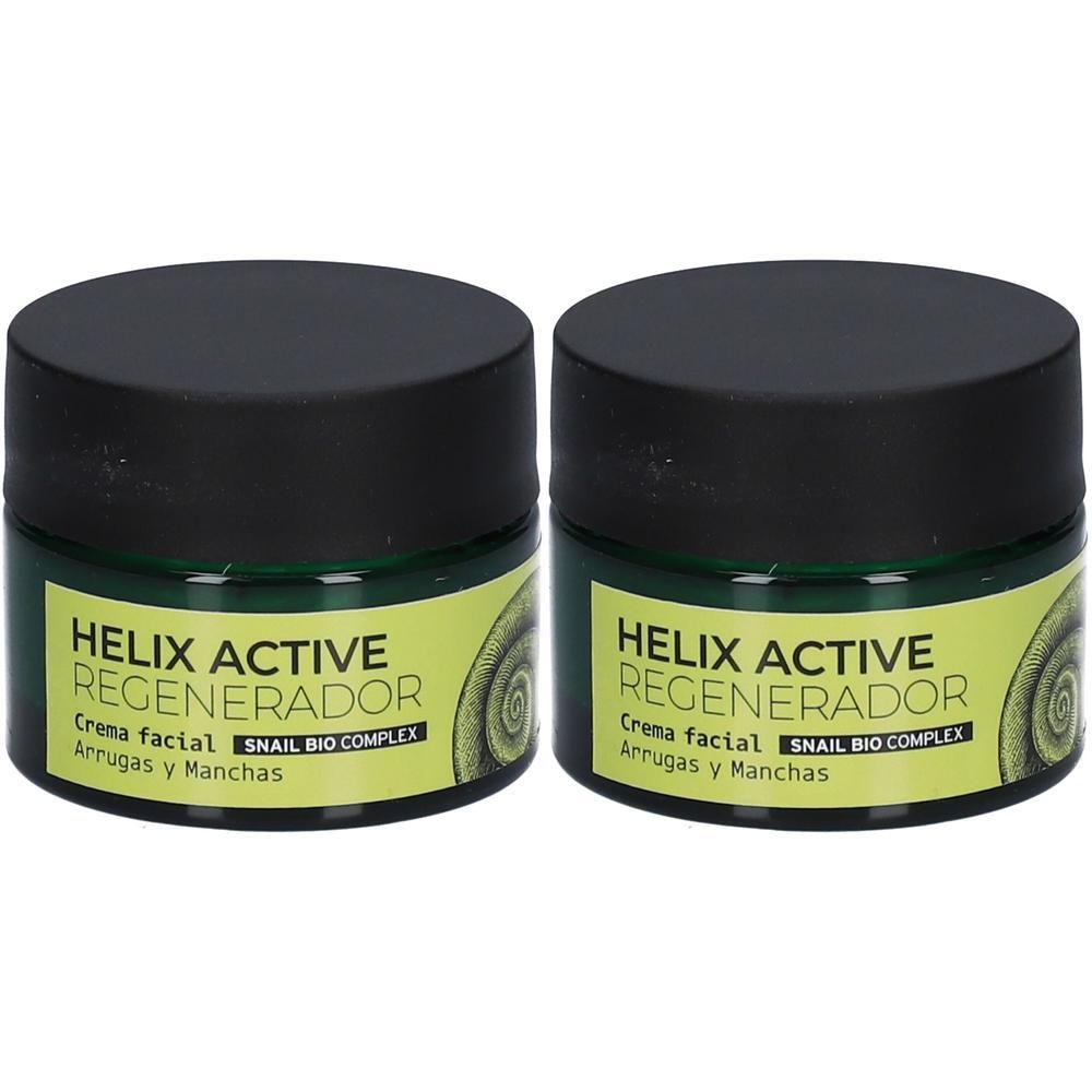 Deux pots verts à couvercle noir. Inscription: Helix Active Regenerador, Snail Bio Complex. Étiquette jaune.