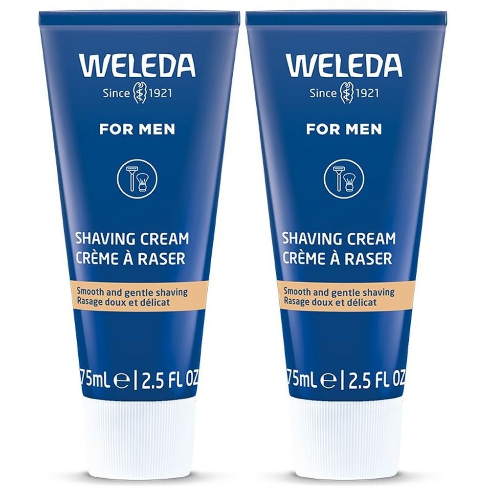 Twee blauwe tubes Weleda scheercrème. Opschrift: "FOR MEN", "SHAVING CREAM CRÈME À RASER". Onderaan: "75ml | 2.5 FL OZ".