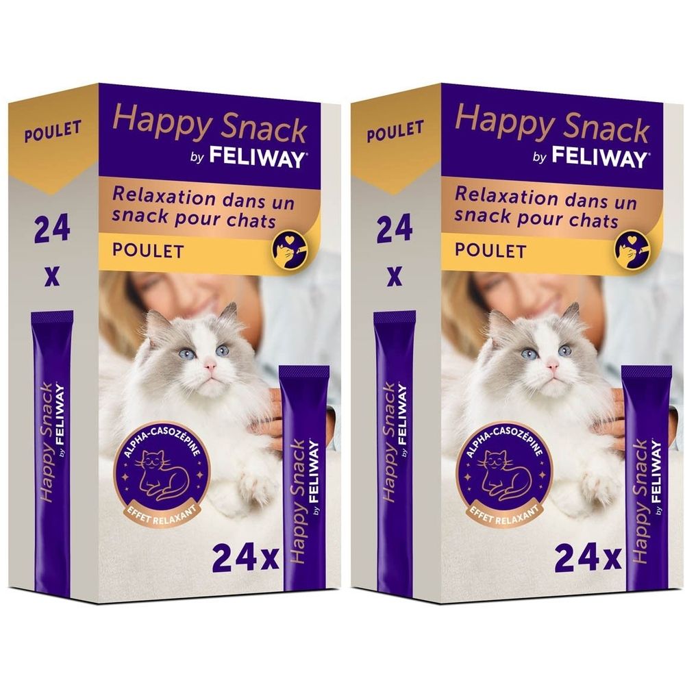 Deux boîtes Happy Snack by Feliway. Inscription: 24 pièces, Poulet, snack relaxant pour chats. Emballage violet.