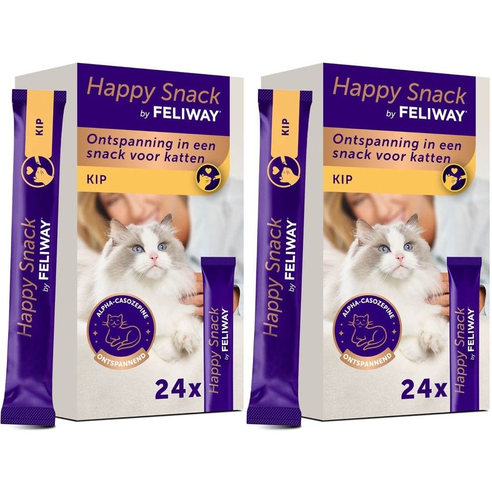 Twee dozen Happy Snack by Feliway. Opschrift: 24 stuks, Kip, ontspanningssnack voor katten. Paarse verpakking.