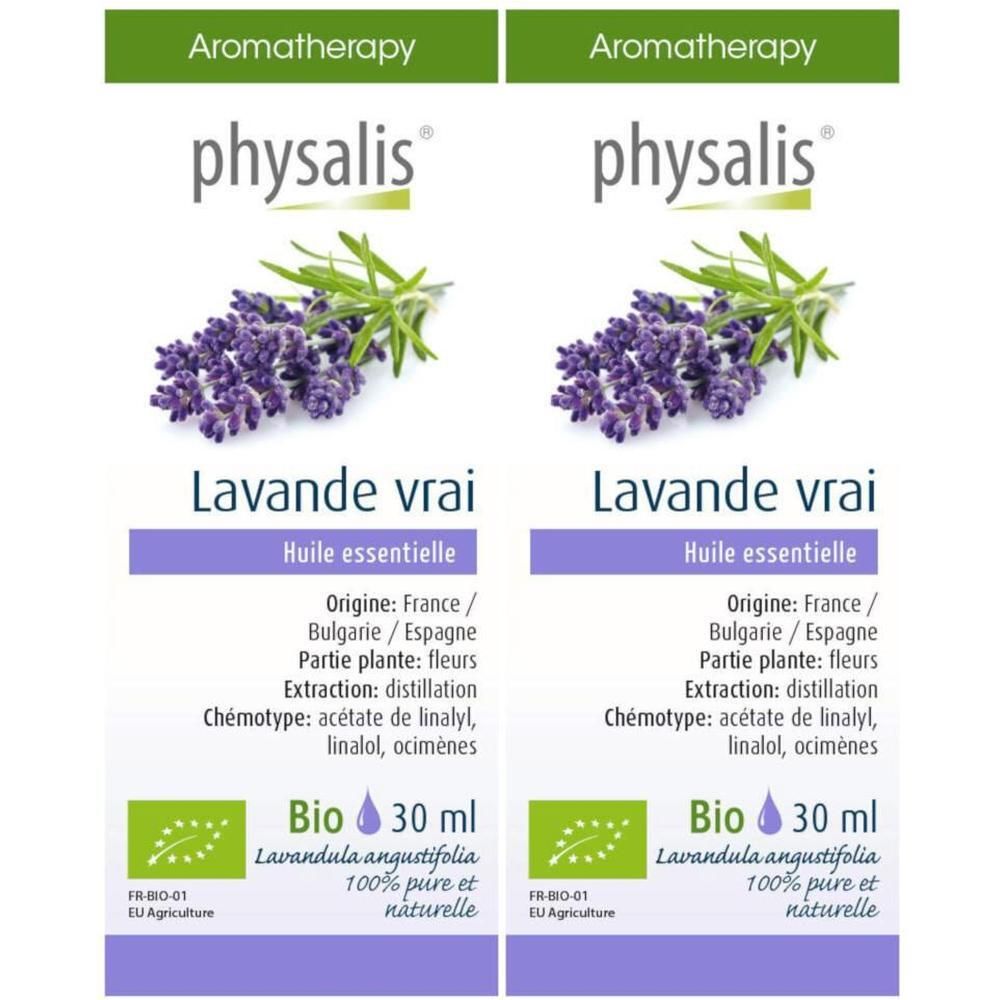Twee flacons physalis® Lavande vraie essentiële olie. Etiket met lavendel illustratie en tekst. Bio-certificering.