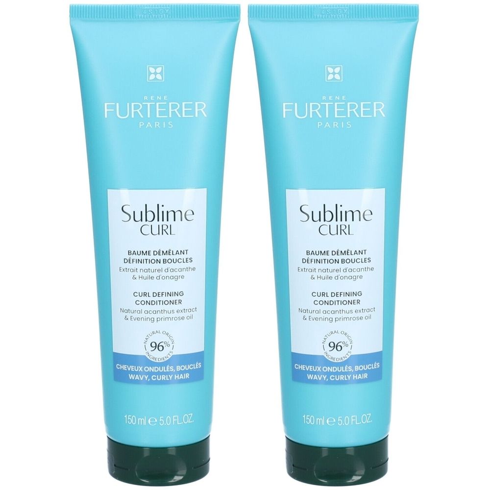 Twee tubes René Furterer Sublime Curl conditioner. Lichtblauwe tubes met zwarte dop. Tekst: Sublime Curl, Curl Defining.