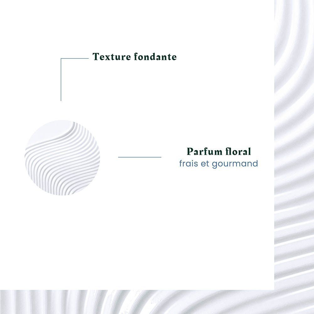 Graphique blanc avec texte "Texture fondante" et "Parfum floral".