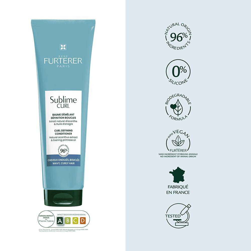 Tube de revitalisant Rene Furterer Sublime Curl avec informations produit et logos : 96% d'ingrédients naturels, vegan, biodégradable.
