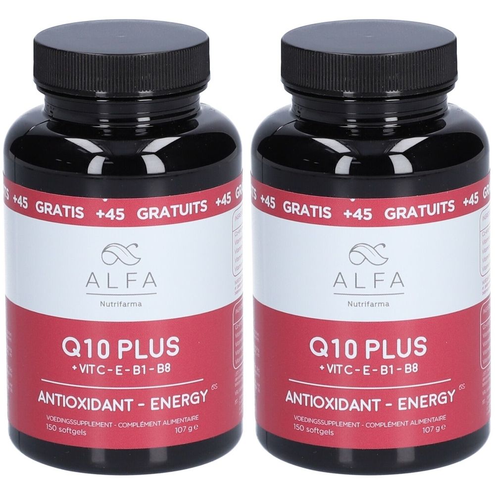 Twee zwarte flessen met rode etiketten. Op het etiket staat "ALFA Q10 PLUS". Tekst: Antioxidant - Energie. Bevat 150 softgels.
