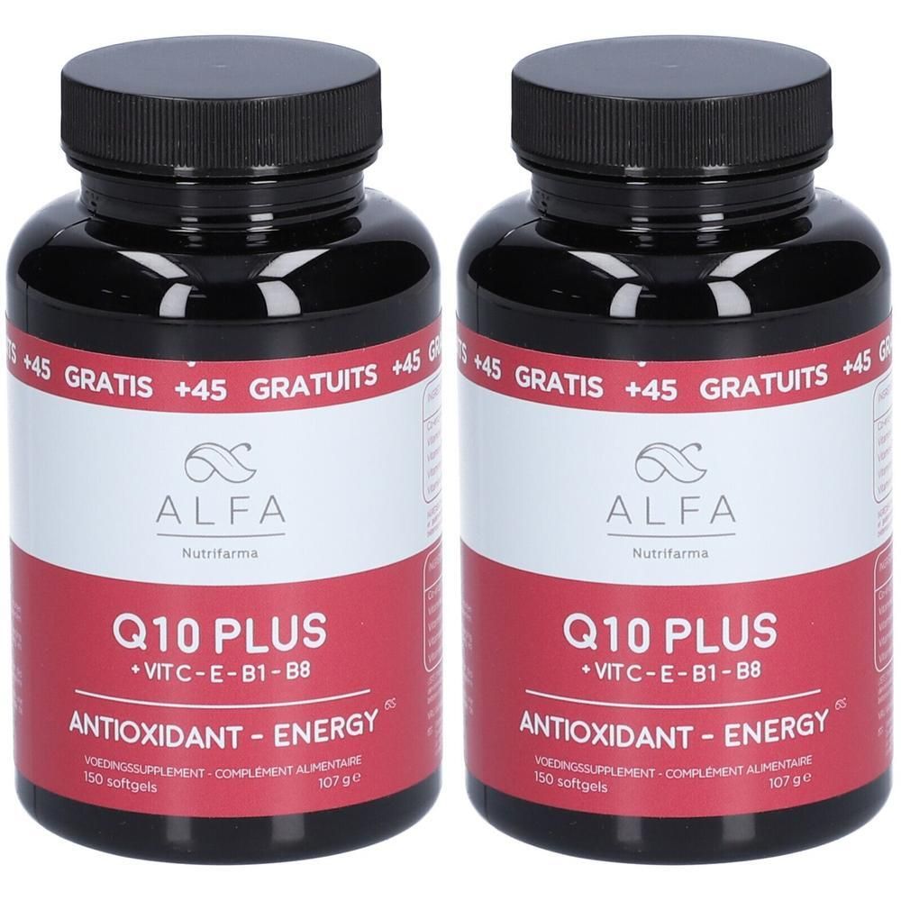 Twee flessen ALFA Q10 Plus. Rode etiketten met witte tekst. Zwarte doppen. Opschrift: Antioxidant - Energy.
