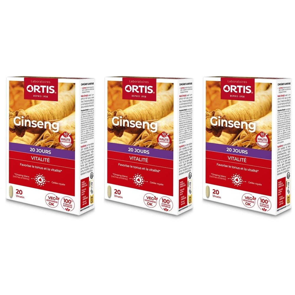 Trois boîtes Ortis Ginseng Bio. Inscription: 20 jours vitalité. Contient 20 comprimés. Mention: VEC 100% OK.