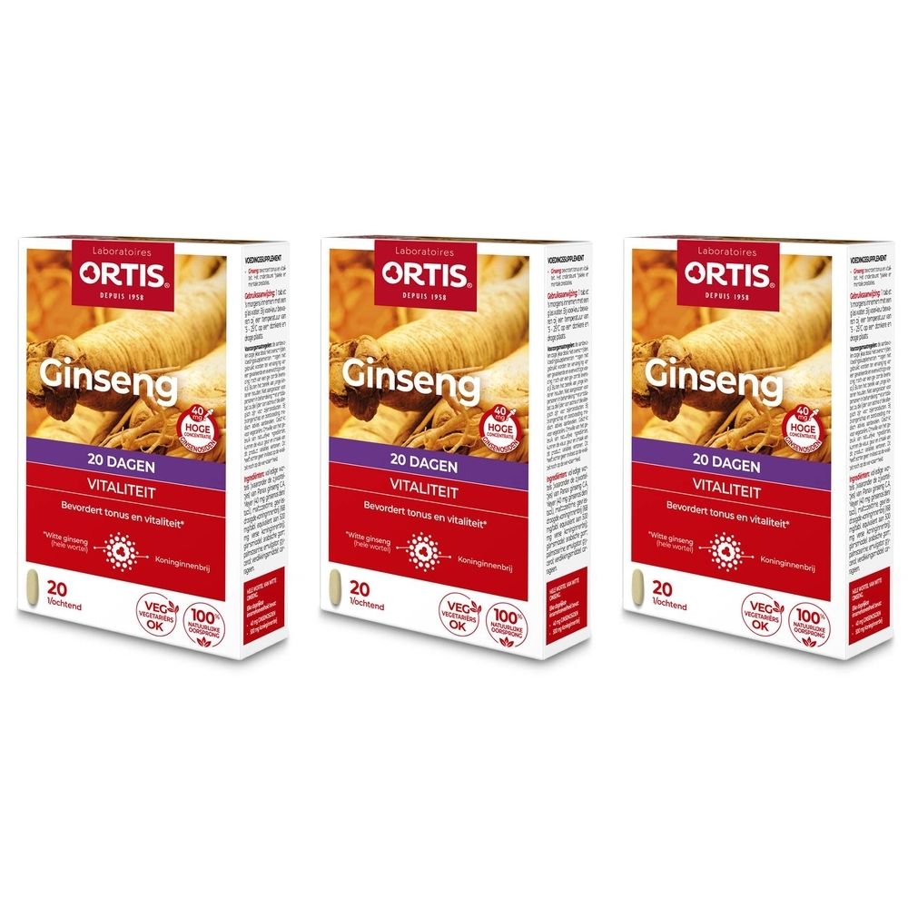 Drie dozen Ortis Ginseng Bio. Opschrift: 20 dagen vitaliteit. Met 20 tabletten. Afdruk: VEC 100% OK.