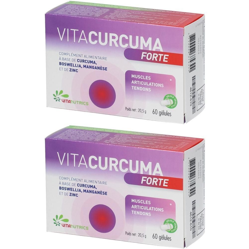Twee dozen VITACURCUMA FORTE. Paarse en witte dozen met productinfo en logo. 60 capsules.