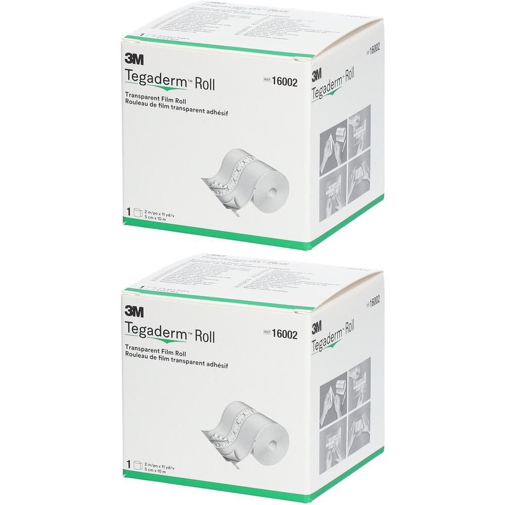 Twee dozen 3M Tegaderm Roll. Opschrift: Transparent Film Roll. Illustratie van een rolverband. Witte verpakking.
