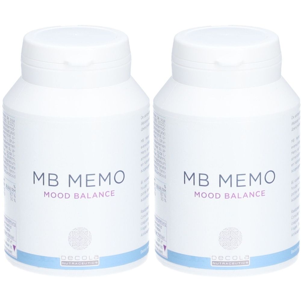 Deux flacons blancs avec bouchons. Sur chaque flacon, "MB MEMO MOOD BALANCE". En dessous, le logo Decola Nutraceuticals.