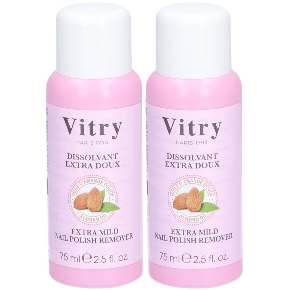 Twee flessen nagellakremover. Roze flessen met witte dop. Opschrift: Vitry, Dissolvant Extra Doux, 75 ml.